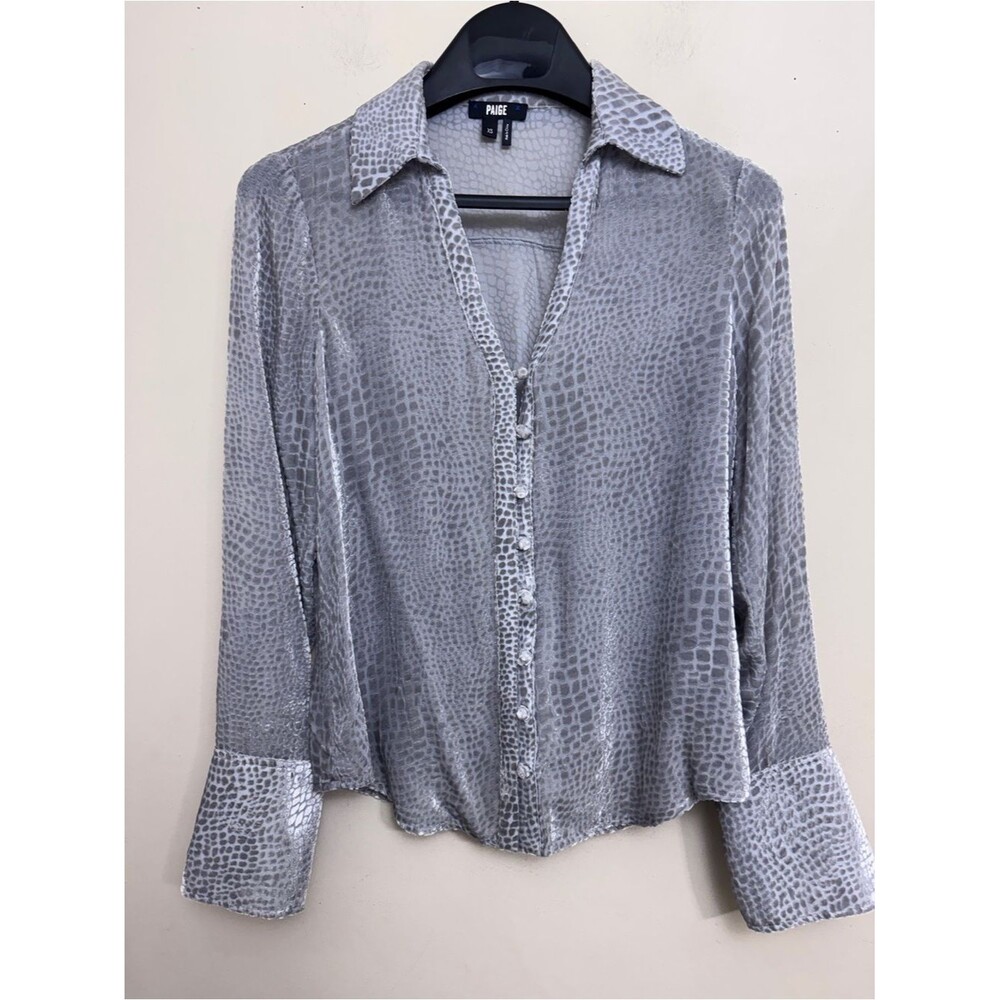 Paige Gray Silk Blend Velvet Burnout Button-Up Blouse size XS Feminine Goth Chic